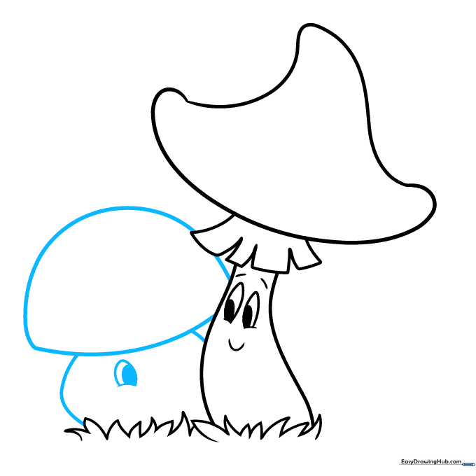 Sketching a second, smaller mushroom character beside the first one.