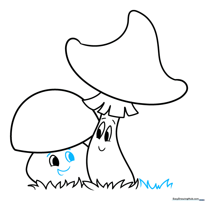 Adding facial features and grass to the second mushroom character.