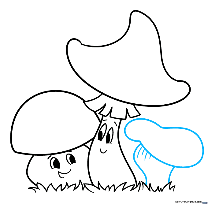 Drawing a third, uniquely shaped mushroom with textured gills.