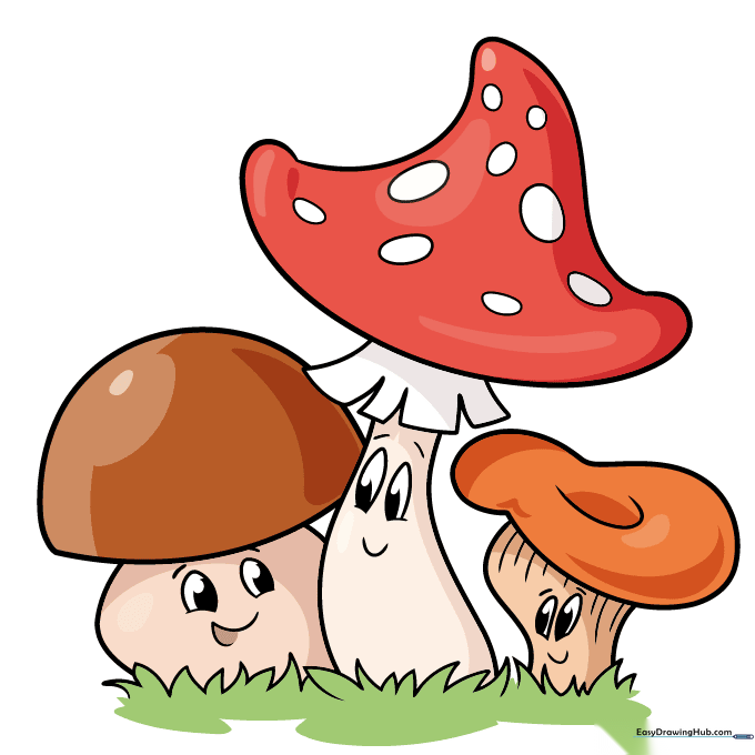 The finished, colorful cartoon mushroom drawing.