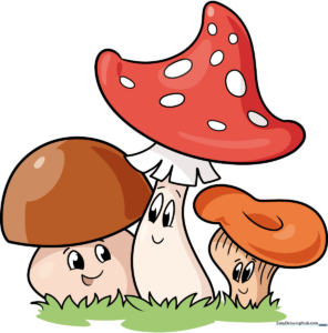 A vibrant, finished illustration of three cute, smiling cartoon mushrooms in a forest setting.