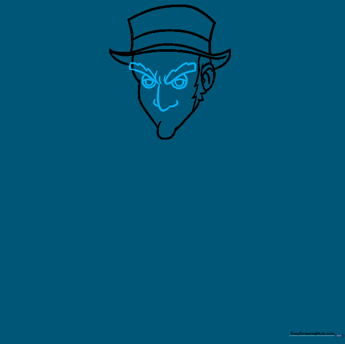 Close-up sketch of Scrooge's eyes with heavy brows and detailed pupils.