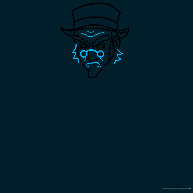Scrooge's face with round glasses and a frowning mouth.