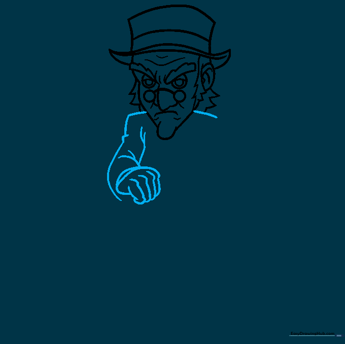 Sketch of Scrooge's shoulders and coat sleeves with fabric folds.