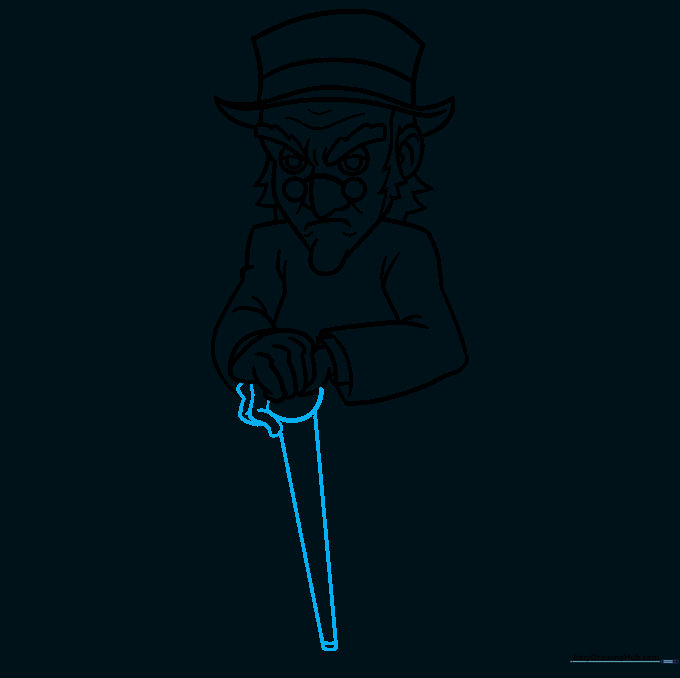 Detailed sketch of Scrooge's hands gripping a cane.