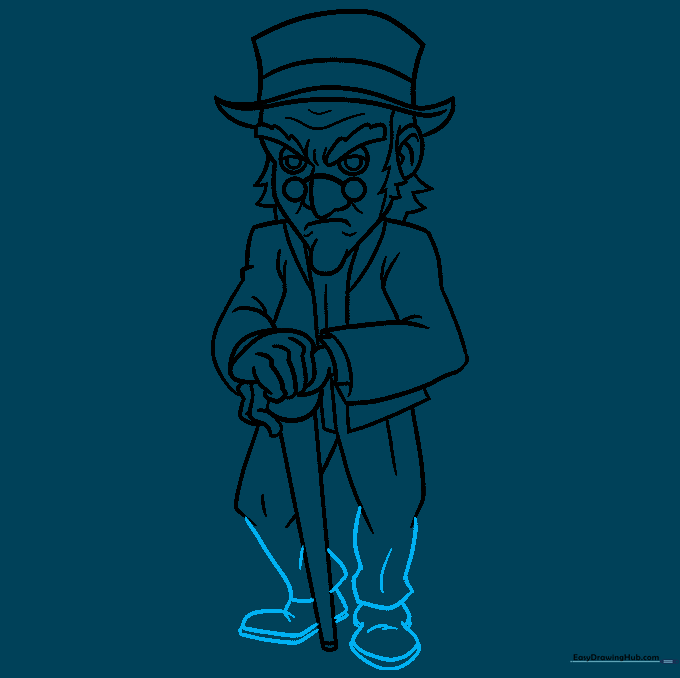 Lower body sketch showing pant legs and classic shoes.