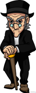 Final colored character design of Ebenezer Scrooge holding a cane.