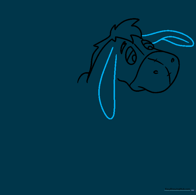 Long, drooping ears added to the sides of Eeyore's head.