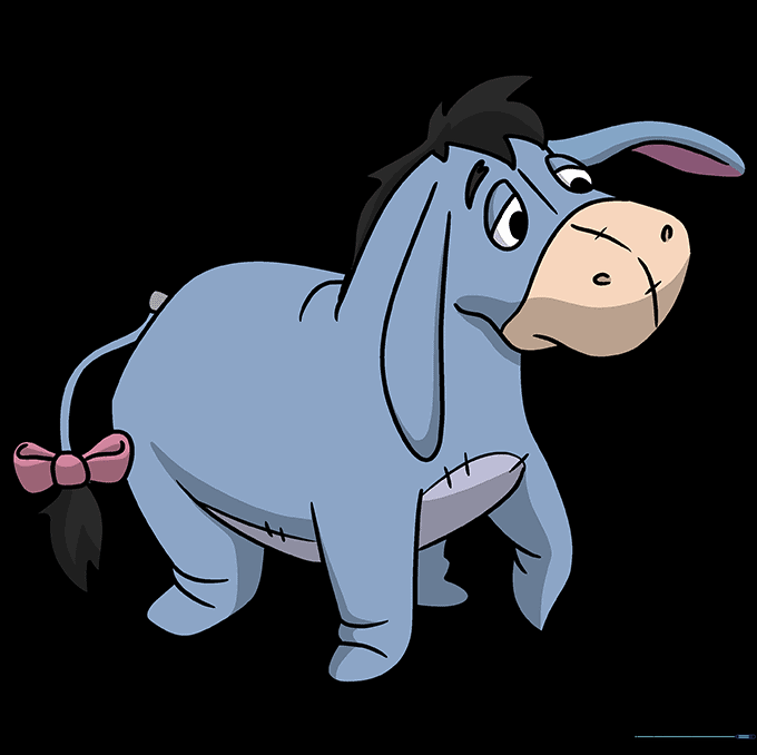 Finished, colored drawing of Eeyore with grey fur, black mane, and pink bow.