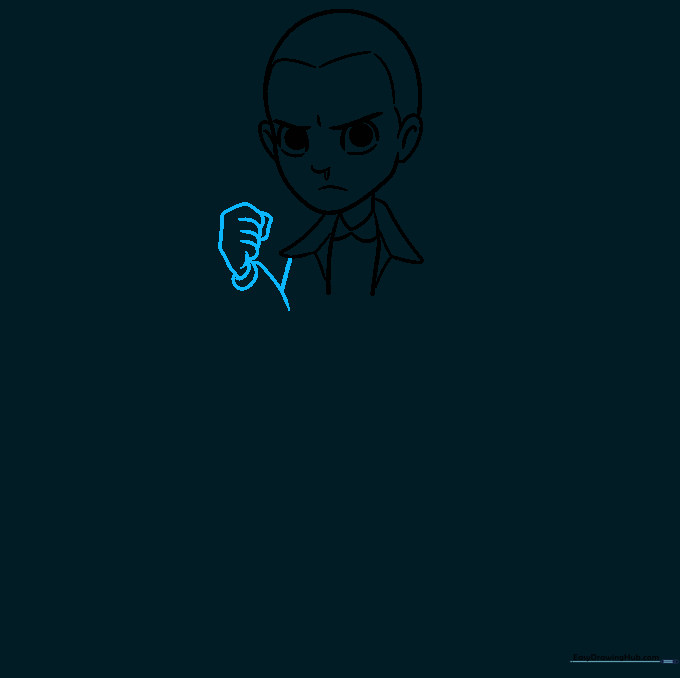Detailing the sleeve, cuff, and clenched fist of Eleven's jacket.