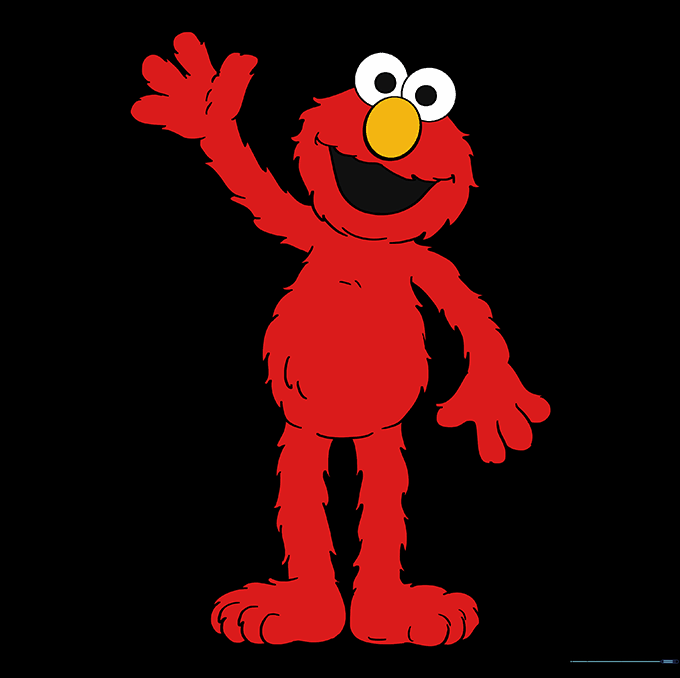 The finished Elmo drawing colored in bright red and orange.