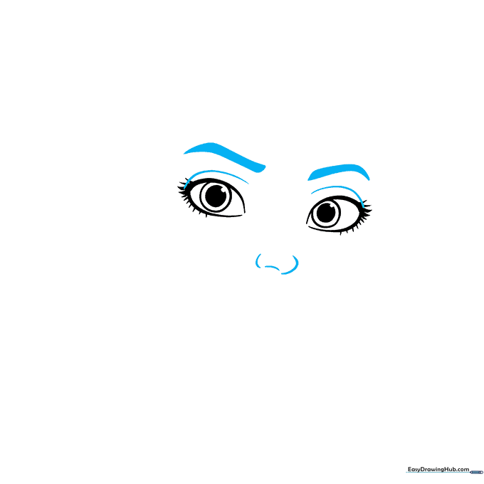 Pencil drawing of Elsa's facial features including eyebrows and nose bridge.