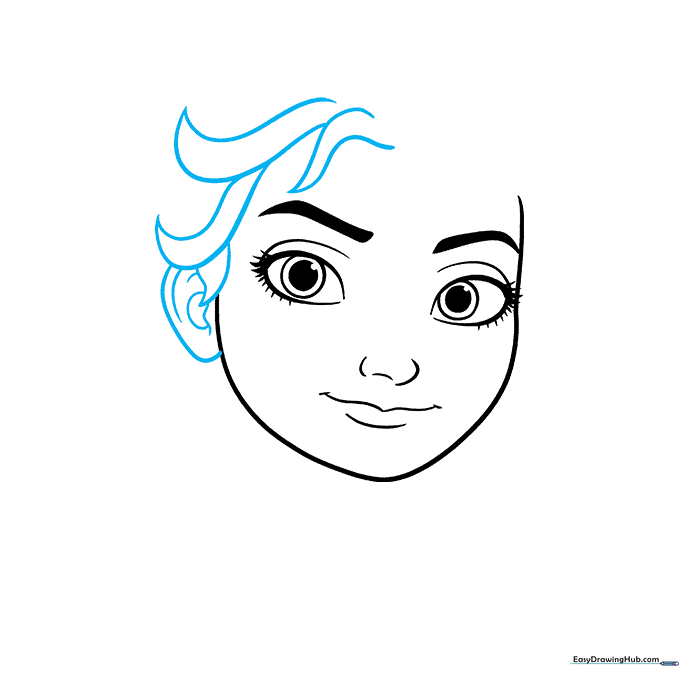 Sketching the initial hair strands and ear placement for Elsa.