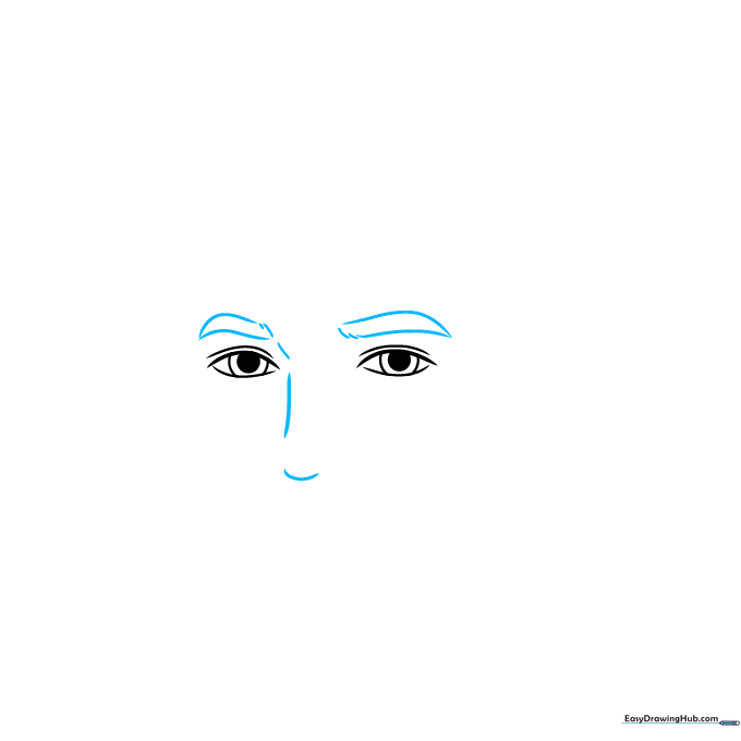 Pencil sketch showing the addition of thick, textured eyebrows and the start of the nose bridge between the eyes.