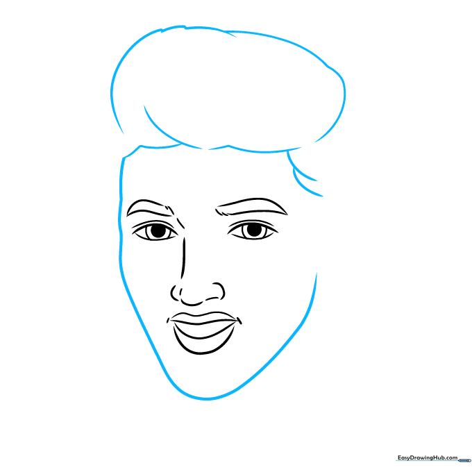 Sketch showing the addition of Elvis's signature high-volume pompadour hairstyle.