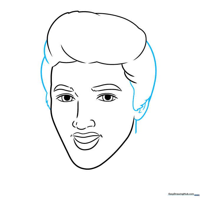 Sketch detailing the sideburns, ear, and the beginning of the neck structure.
