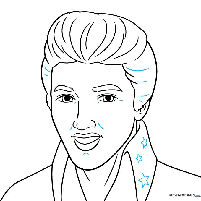 Pencil sketch showing the addition of star patterns on the collar and hair texture details.