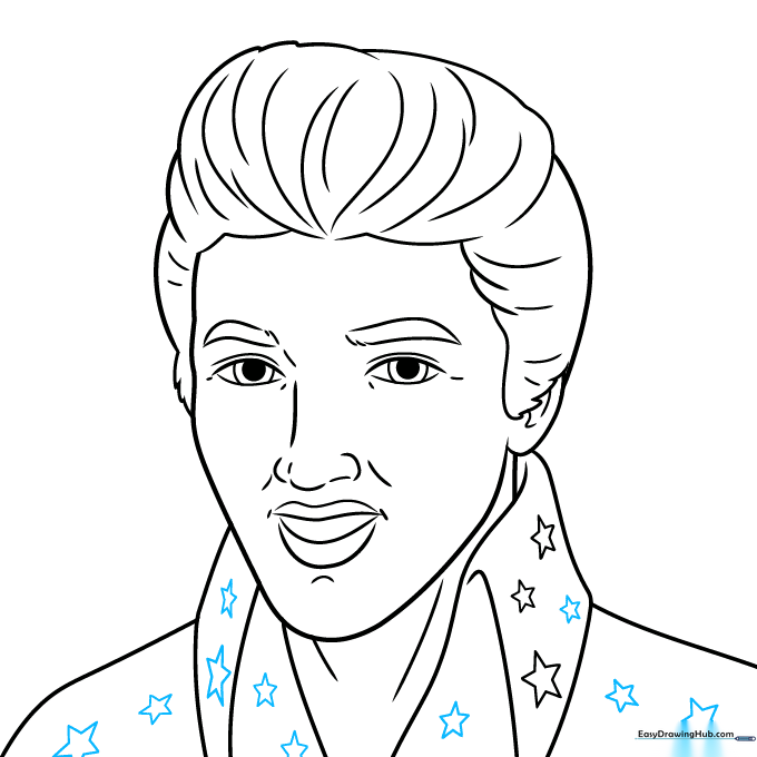 Final pencil outline of Elvis with star decorations on the jacket and collar.