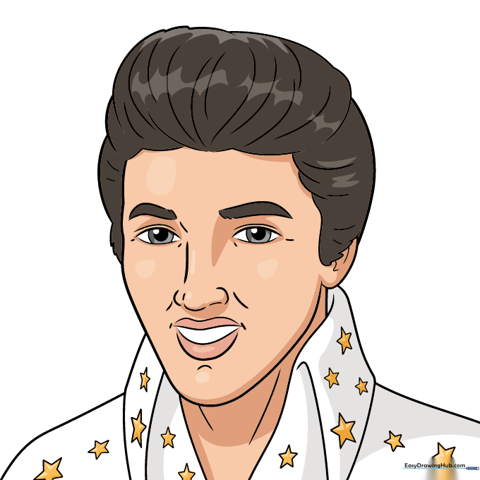 Finished, colored portrait of Elvis Presley in his iconic stage outfit.