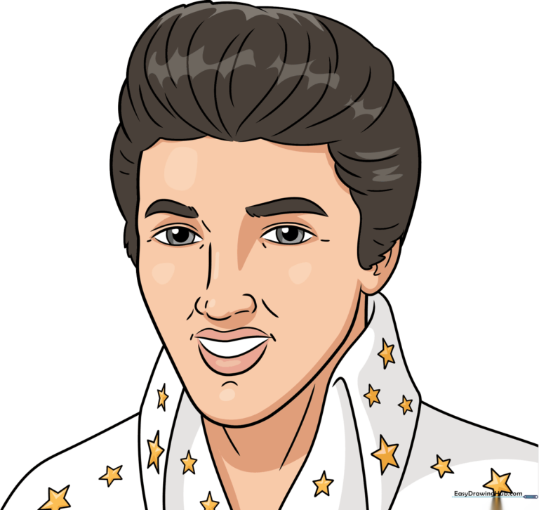 A vibrant, finished drawing of Elvis Presley, showcasing his signature hair and stage costume.