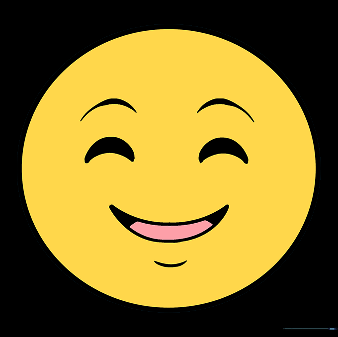 The completed happy emoji drawing filled in with bright yellow color.