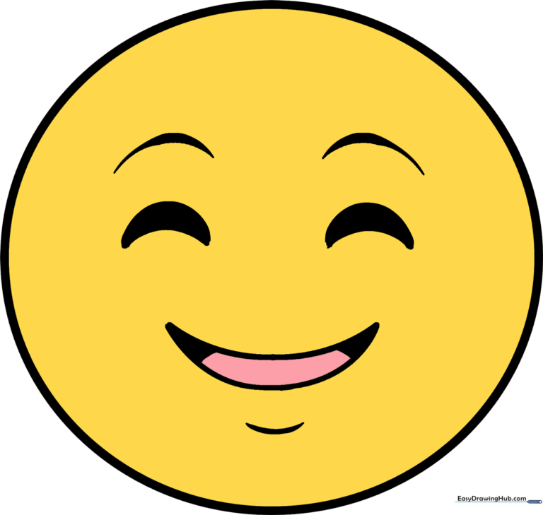 A vibrant, finished happy emoji drawing, showcasing the final result of the step-by-step tutorial.