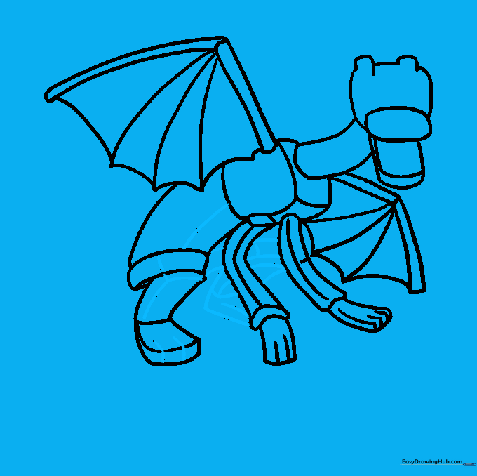 Refining the leg and torso contours to add depth to the Minecraft dragon drawing.