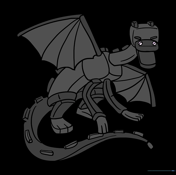 The finished, colored Ender Dragon drawing with black scales and purple eyes.