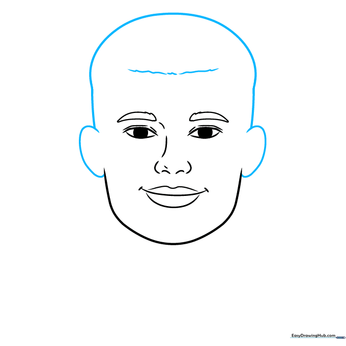 Adding ears and the initial hairline sketch to the head shape.