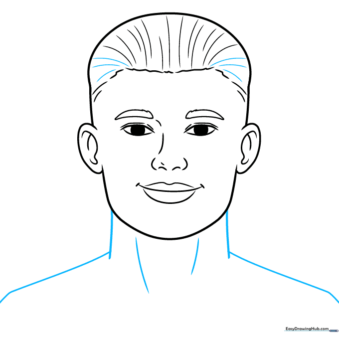 Sketching the neck and shoulders to complete the upper body outline.