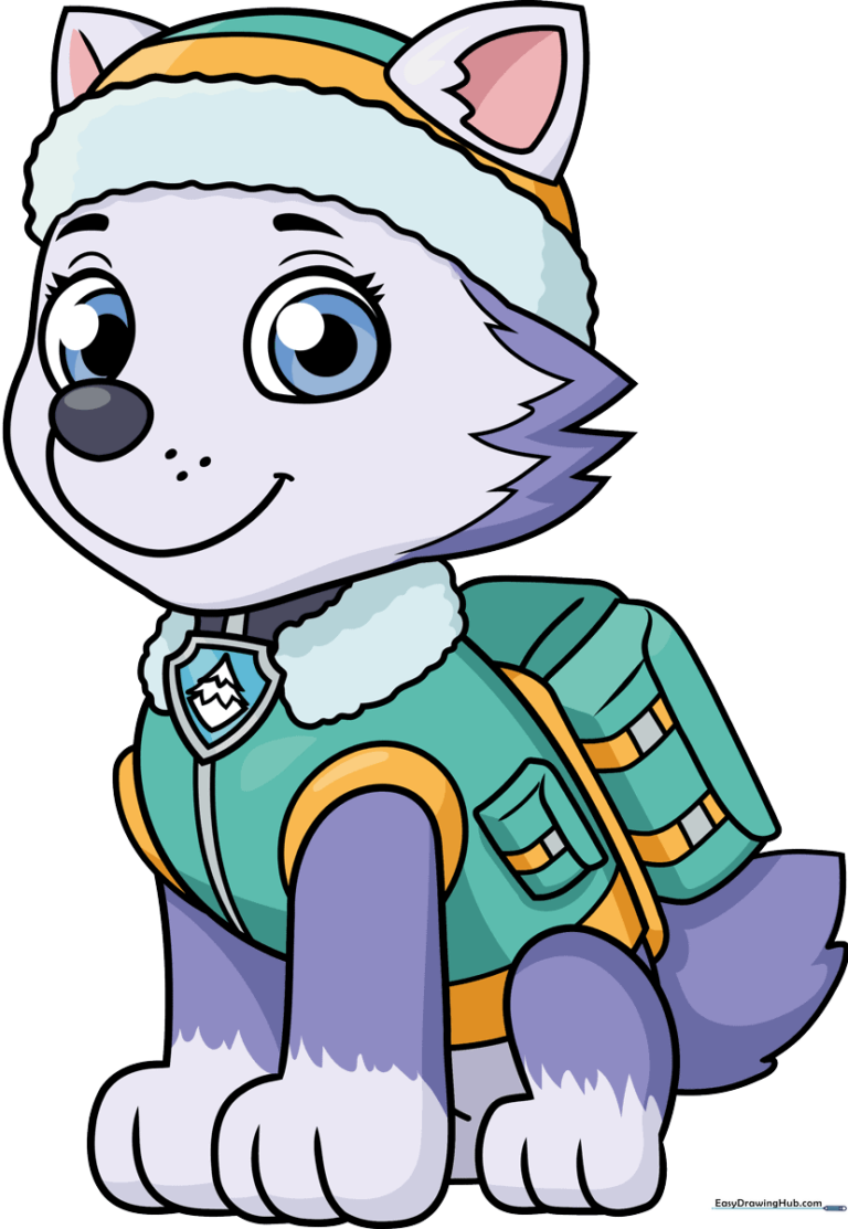 Colorful, finished illustration of Everest from PAW Patrol, ready for coloring.