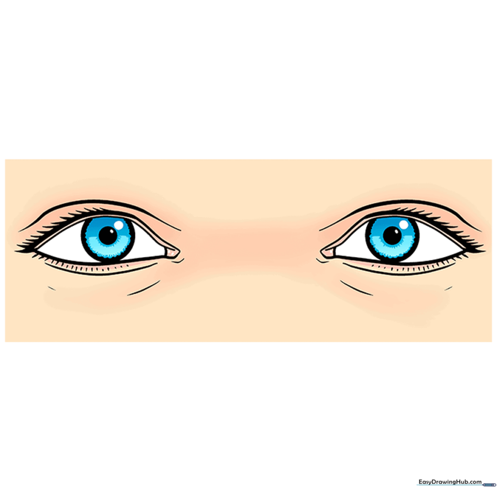 A finished, colored drawing of two realistic human eyes.