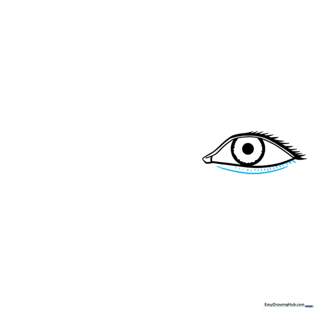 Sketching the lower eyelid line with small connection marks.
