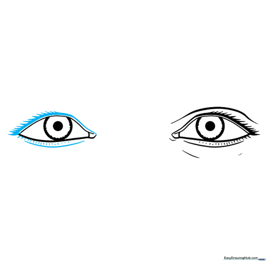 Adding eyelashes and eyelid details to the second eye.