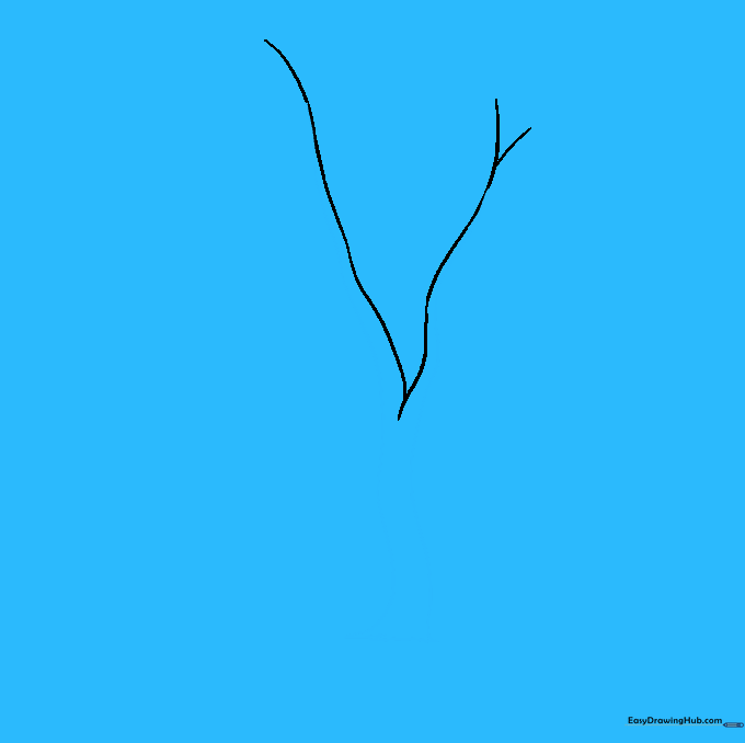 Drawing the tree trunk by connecting parallel lines to the base of the V-shape.