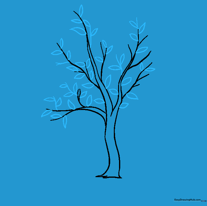 Adding small, pointed leaf shapes along the branches of the tree.