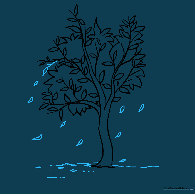Adding a ground horizon line and drawing individual leaves falling from the tree.