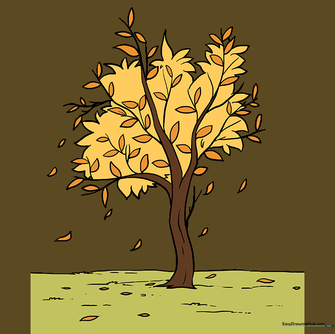 The completed fall tree drawing, fully colored with vibrant autumn shades of red, orange, and yellow.