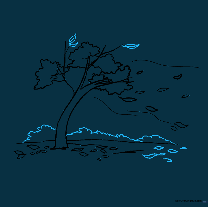 Finished line art with added background shrubs and final details.