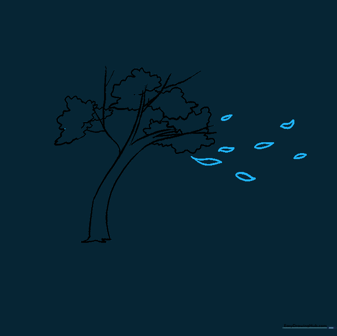 Small teardrop-shaped leaves scattered around the tree to show movement.