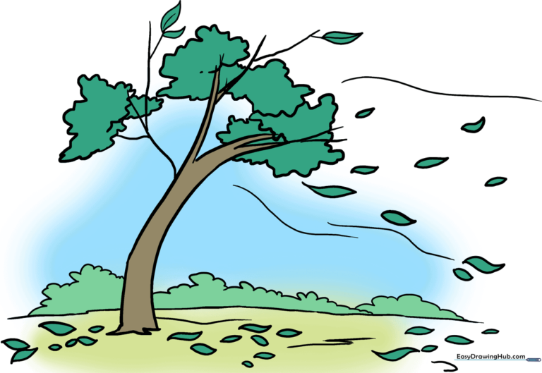 A vibrant, colorful illustration of an autumn tree with leaves blowing in the wind.