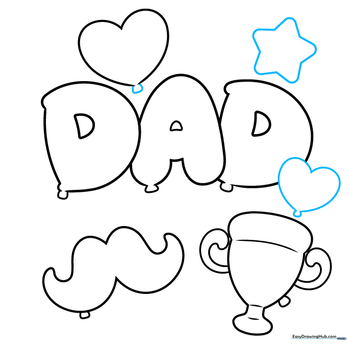 Adding star-shaped balloons and overlapping heart details.