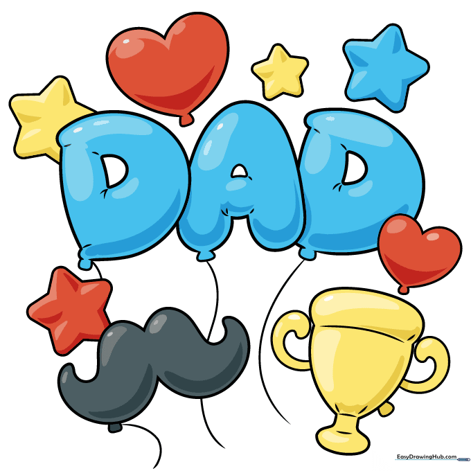 Finished, colorful Father's Day balloon drawing with blue, yellow, and red accents.