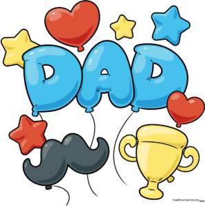 Colorful and festive Father's Day balloon drawing, featuring a trophy, mustache, and 'DAD' balloons.