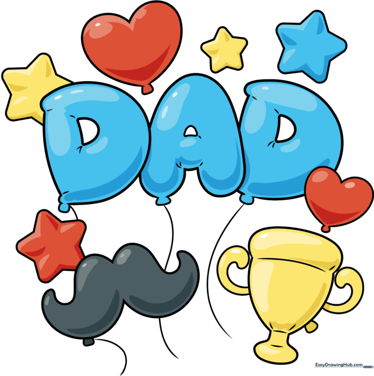 Colorful and festive Father's Day balloon drawing, featuring a trophy, mustache, and 'DAD' balloons.