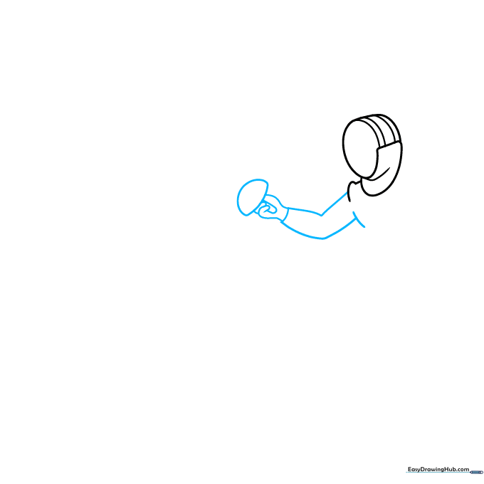 Drawing the fencer's extended arm and the circular guard of the sword.