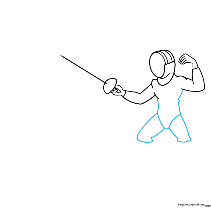 Outlining the fencer's torso and upper legs with curved lines to show padded fabric.