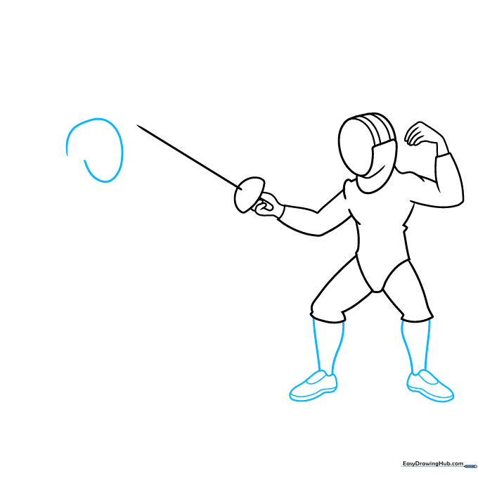Drawing the fencer's shoes and beginning the head of the second opponent.