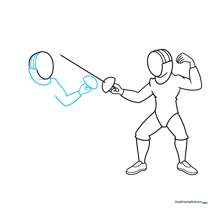Adding details to the second fencer's mask and sword guard.