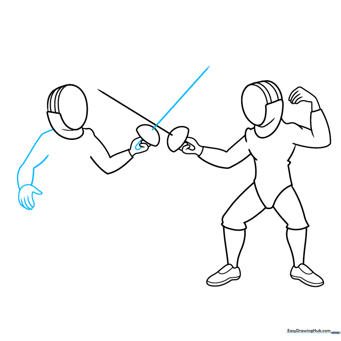 Drawing the second fencer's sword blade and arm.